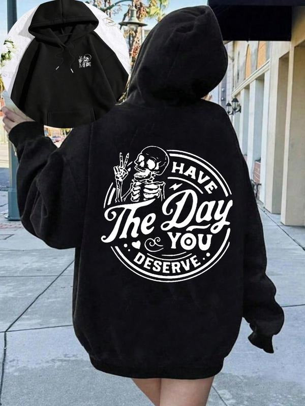 Women'WB shield Skull & Letter Print Drop Shoulder Hoodie, Fashion Casual Drawstring Pocket Hooded Sweatshirt for Daily...
