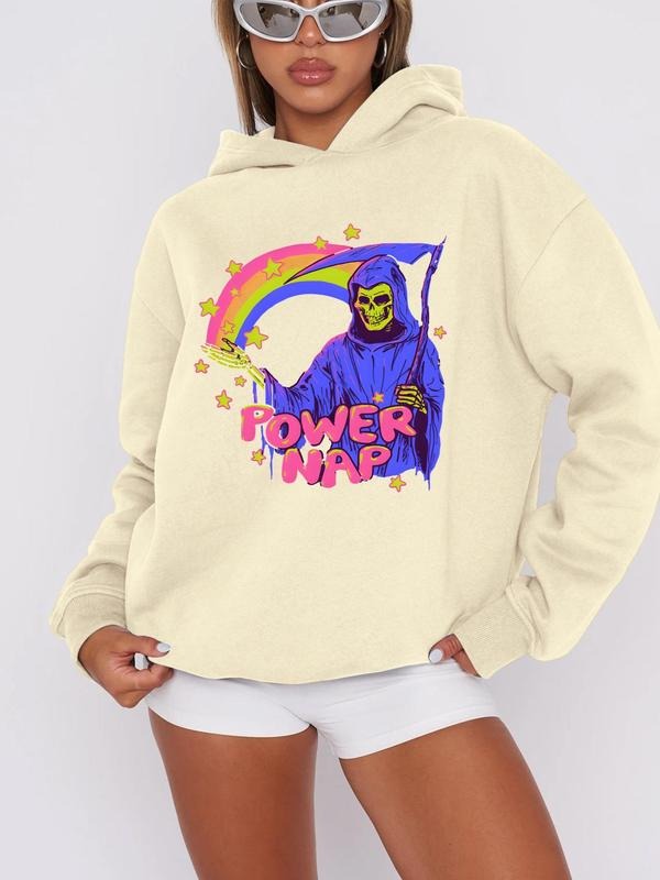 Women'WB shield Skull & Letter Print Drop Shoulder Hoodie, Fashion Casual Long Sleeve Hooded Sweatshirt for Daily Holiday...