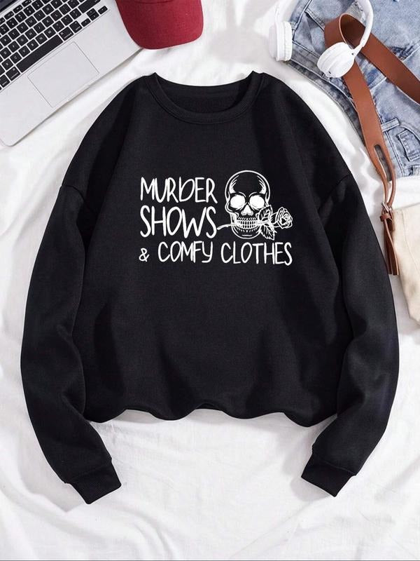 Women'WB shield Skull & Letter Print Drop Shoulder Sweatshirt, Casual Long Sleeve Round Neck Pullover for Daily Wear,...