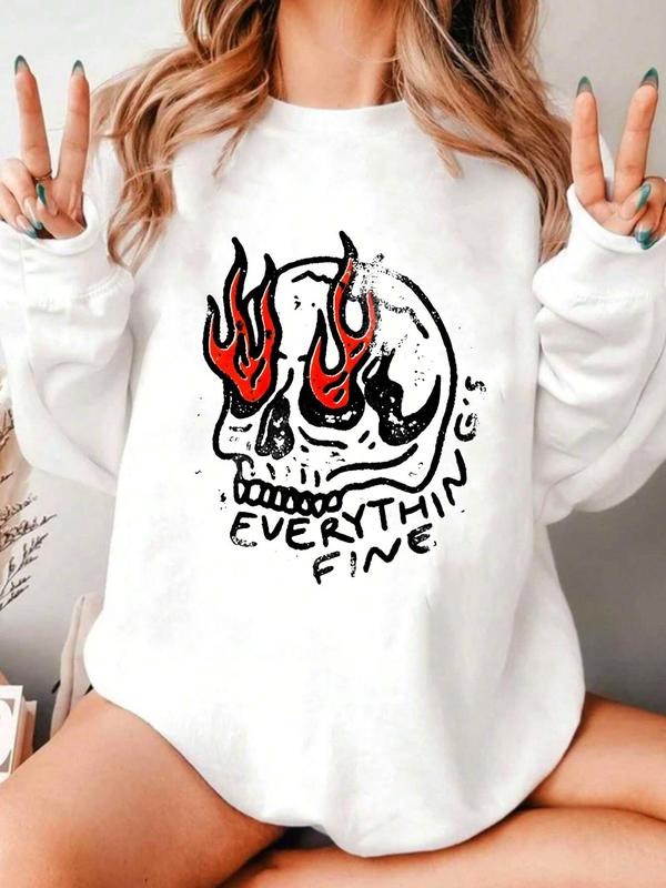 Women'WB shield Skull & Letter Print Drop Shoulder TNF Lined Sweatshirt, Casual Long Sleeve Round Neck Pullover for...