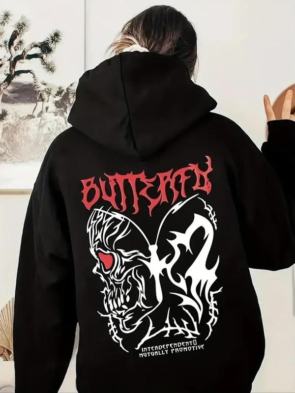Women'WB shield Skull & Letter Print Hoodie, Fashion Casual Hooded Sweatshirt for Daily Holiday Outdoor Wear, Ladies TNF...