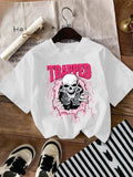 Women'WB shield Skull & Letter Print Round Neck Graphic Tee, Vintage Trendy Casual Drop Shoulder Short Sleeve T-shirt for...