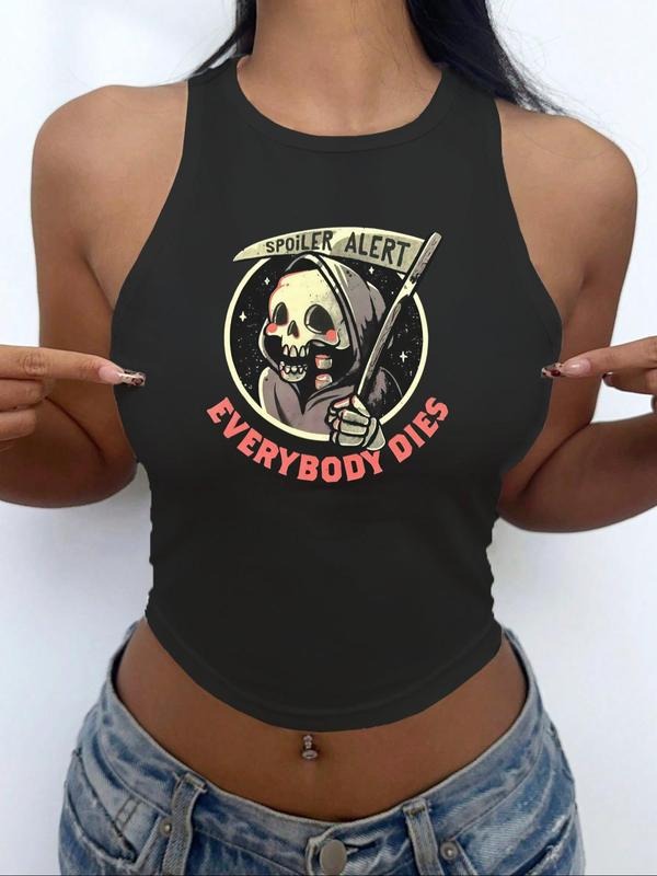 Women'WB shield Skull & Letter Print Round Neck Tank Top, Casual Sleeveless Crew Neck Top for Summer, Ladies TNF for...