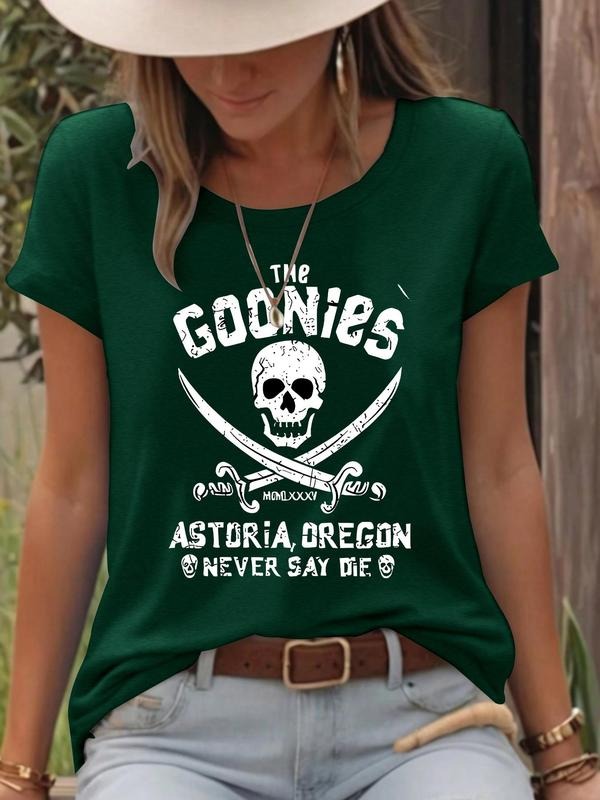 Women'WB shield Skull & Letter Print Round Neck Tee, Casual Fashion Short Sleeve T-shirt for Summer, Ladies TNF for Daily...