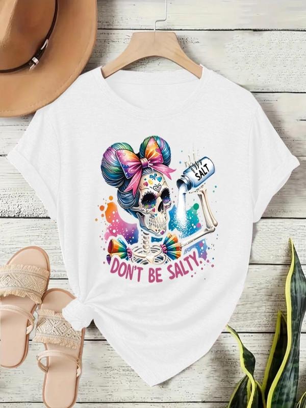 Women'WB shield Skull & Letter Print Round Neck Tee, Fashion Casual Crew Neck T-Shirt for Daily Holiday Vacation Outdoor...