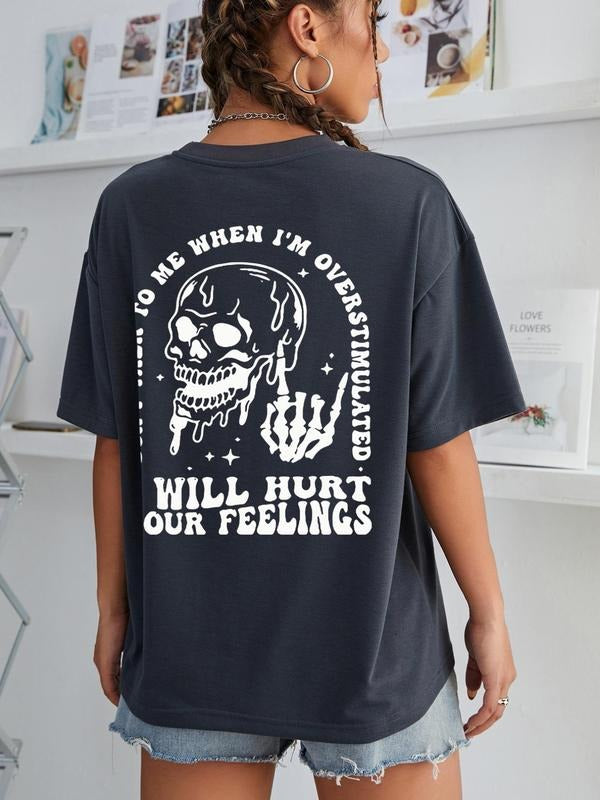 Women'WB shield Skull & Letter Print Round Neck Tee, Fashion Casual Crew Neck T-shirt for Daily Holiday Vacation Outdoor...