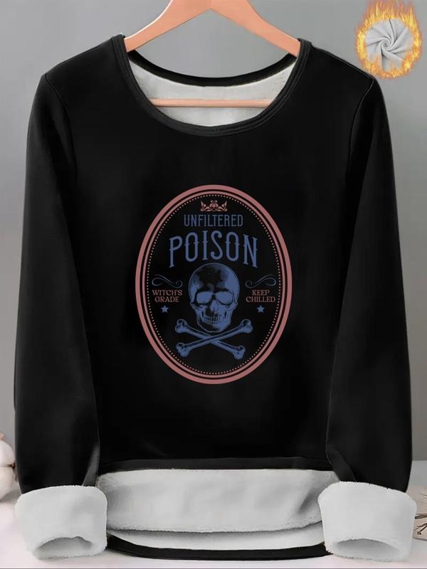 Women'WB shield Skull & Letter Print TNF Lined Tee, Casual Long Sleeve Round Neck T-shirt for Fall & Winter, Ladies TNF...