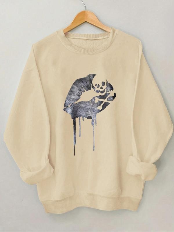 Women'WB shield Skull & Lip Print Round Neck Sweatshirt, Fashion Casual Crew Neck Long Sleeve Pullover for Daily Wear,...