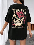Women'WB shield Skull & Rose Print Round Neck Tee, Street Fashion Casual Drop Shoulder Half Sleeve T-shirt for Daily...