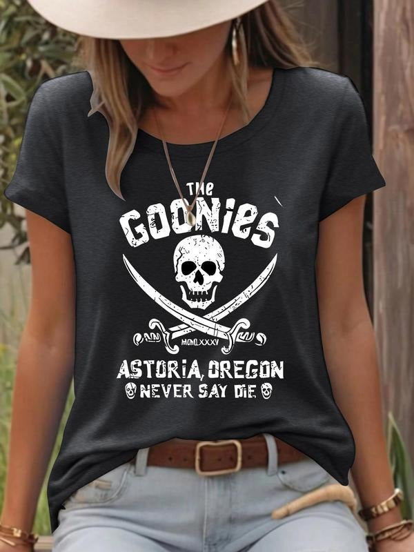 Women'WB shield Skull & Swords Print Round Neck Tee, Fashion Casual Short Sleeve T-shirt for Daily Wear, Ladies Summer...