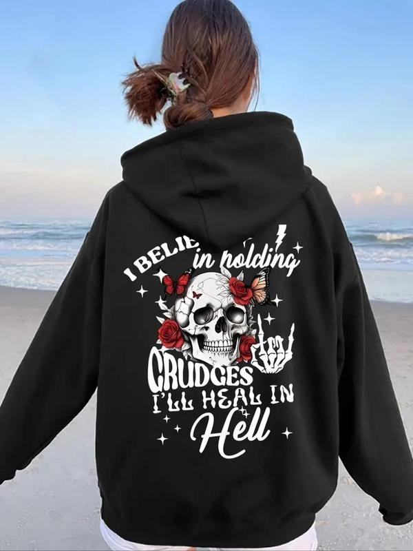 Women'WB shield Skull Letter Print Hoodie, Casual Halloween TNF Hooded Sweatshirt for Daily Holiday Outdoor Wear, Ladies...