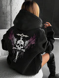 Women'WB shield Skull Print Drawstring Pocket Hoodie, Casual Drop Shoulder Long Sleeve Hooded Sweatshirt, Ladies Fall &...