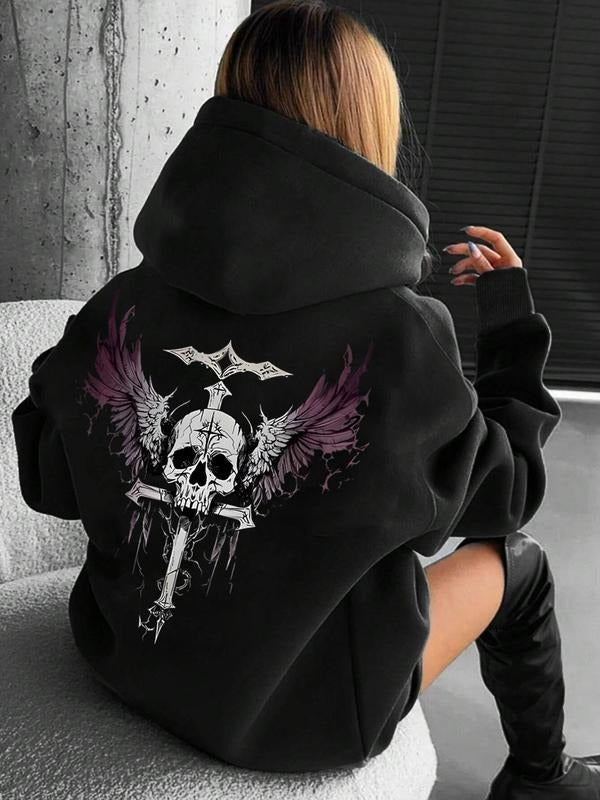 Women'WB shield Skull Print Drawstring Pocket Hoodie, Casual Drop Shoulder Long Sleeve Hooded Sweatshirt, Ladies Fall &...