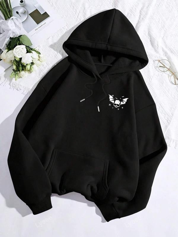 Women'WB shield Skull Print Drop Shoulder Hoodie, Fashion Casual Drawstring Pocket Hooded Sweatshirt for Daily Holiday...