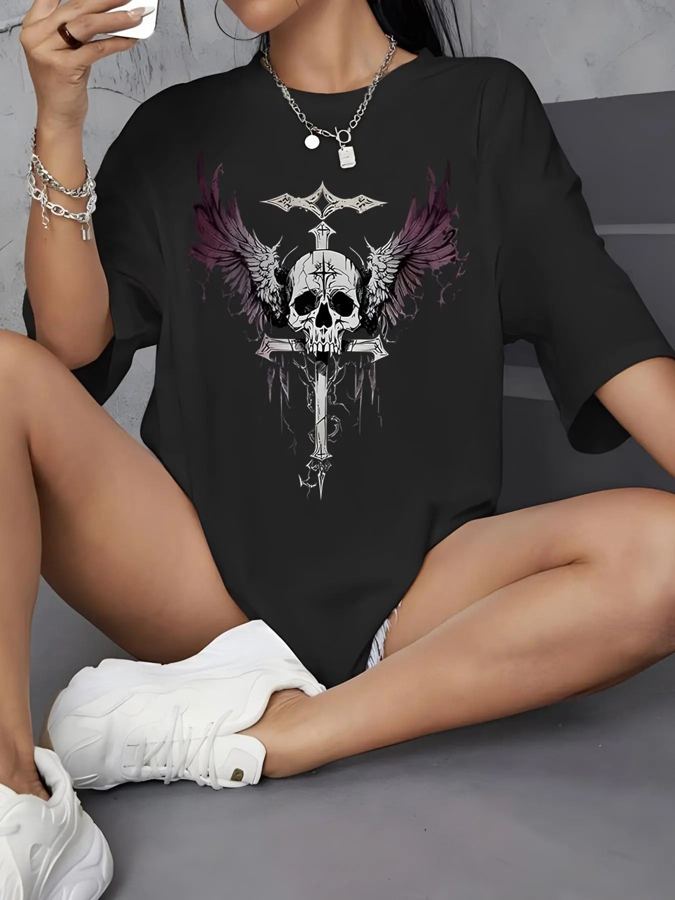 Women'WB shield Skull Print Drop Shoulder Tee, Summer TNF Women, Punk Fashion Casual Half Sleeve Round Neck T-Shirt for...