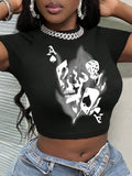 Women'WB shield Skull Print Round Neck Crop Tee, Fashion Casual Crew Neck T-shirt for Daily Holiday Vacation Outdoor...