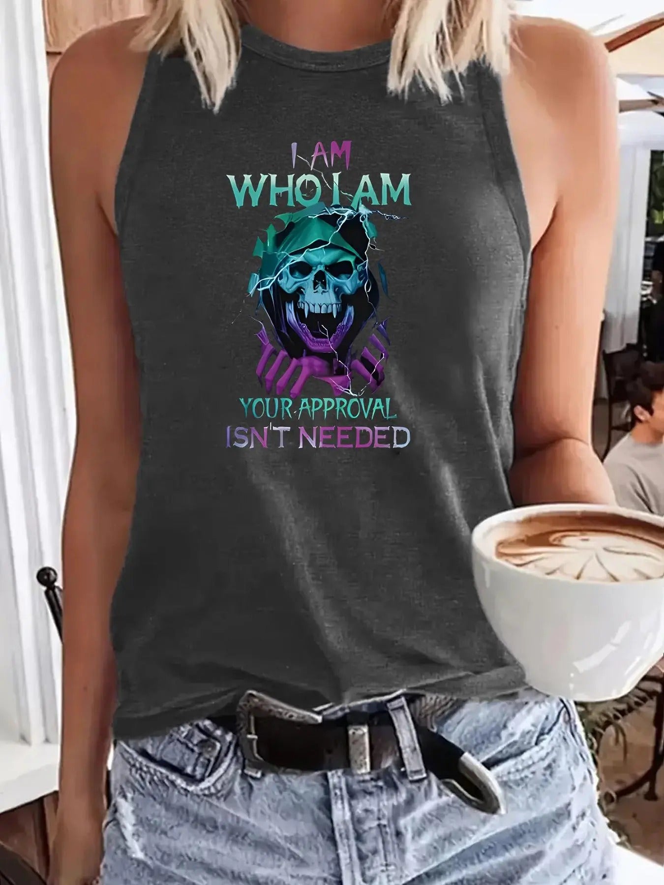 Women'WB shield Skull Print Round Neck Tank Top, Casual Sleeveless Crew Neck Top for Summer, Ladies TNF for Daily Wear,...