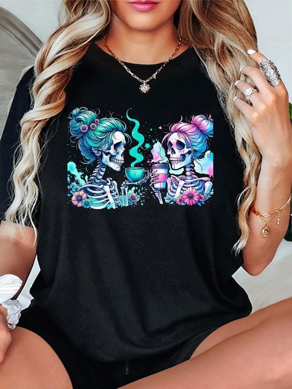 Women'WB shield Skull Print Round Neck Tee, Fashion Casual Crew Neck T-Shirt for Daily Holiday Vacation Outdoor Wear,...