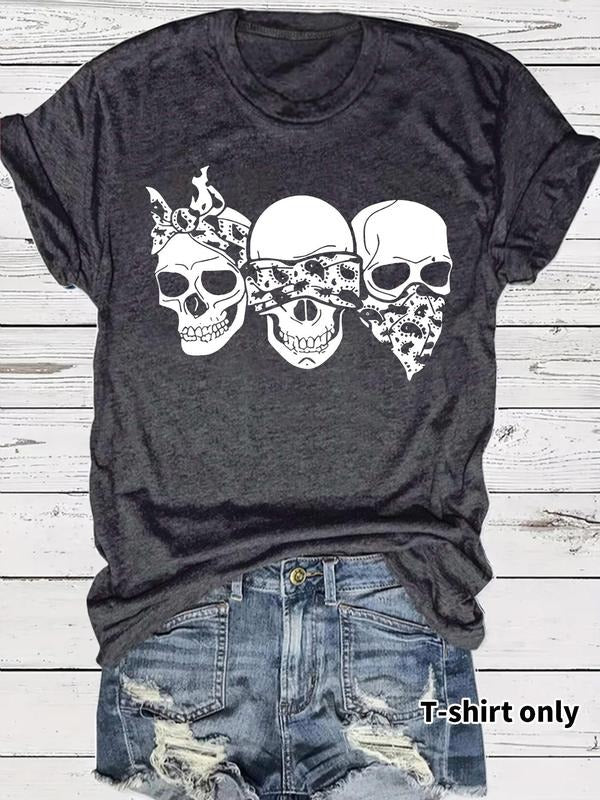 Women'WB shield Skull Print Round Neck Tee, Fashion Casual Crew Neck T-Shirt for Daily Holiday Vacation Outdoor Wear,...