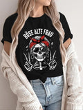 Women'WB shield Skull Print Round Neck Tee, Fashion Casual Crew Neck T-Shirt for Daily Holiday Vacation Outdoor Wear,...