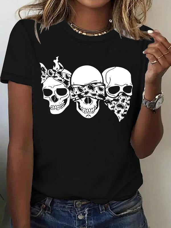 Women'WB shield Skull Print Round Neck Tee, Fashion Casual Short Sleeve T-shirt for Daily Wear, Ladies Summer TNF, Top...
