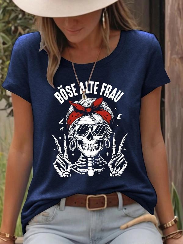 Women'WB shield Skull Print Round Neck Tee, Fashion Casual Short Sleeve T-shirt, Ladies Summer TNF for Daily Wear, Top...