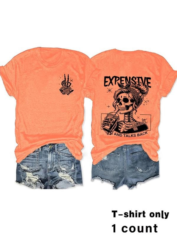 Women'WB shield Skull Print Round Neck Tee, Vintage Trendy Casual Short Sleeve T-shirt for Daily Wear, Ladies Summer...