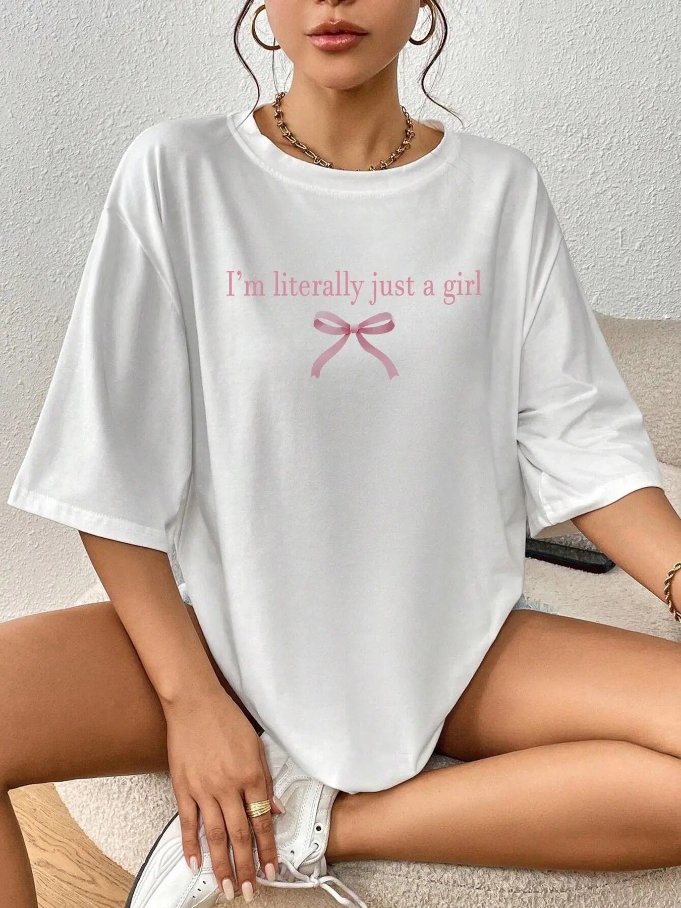 Women'WB shield Slogan & Bow Print Drop Shoulder Tee, Casual Half Sleeve Round Neck T-shirt for Daily Wear, Ladies TNF...