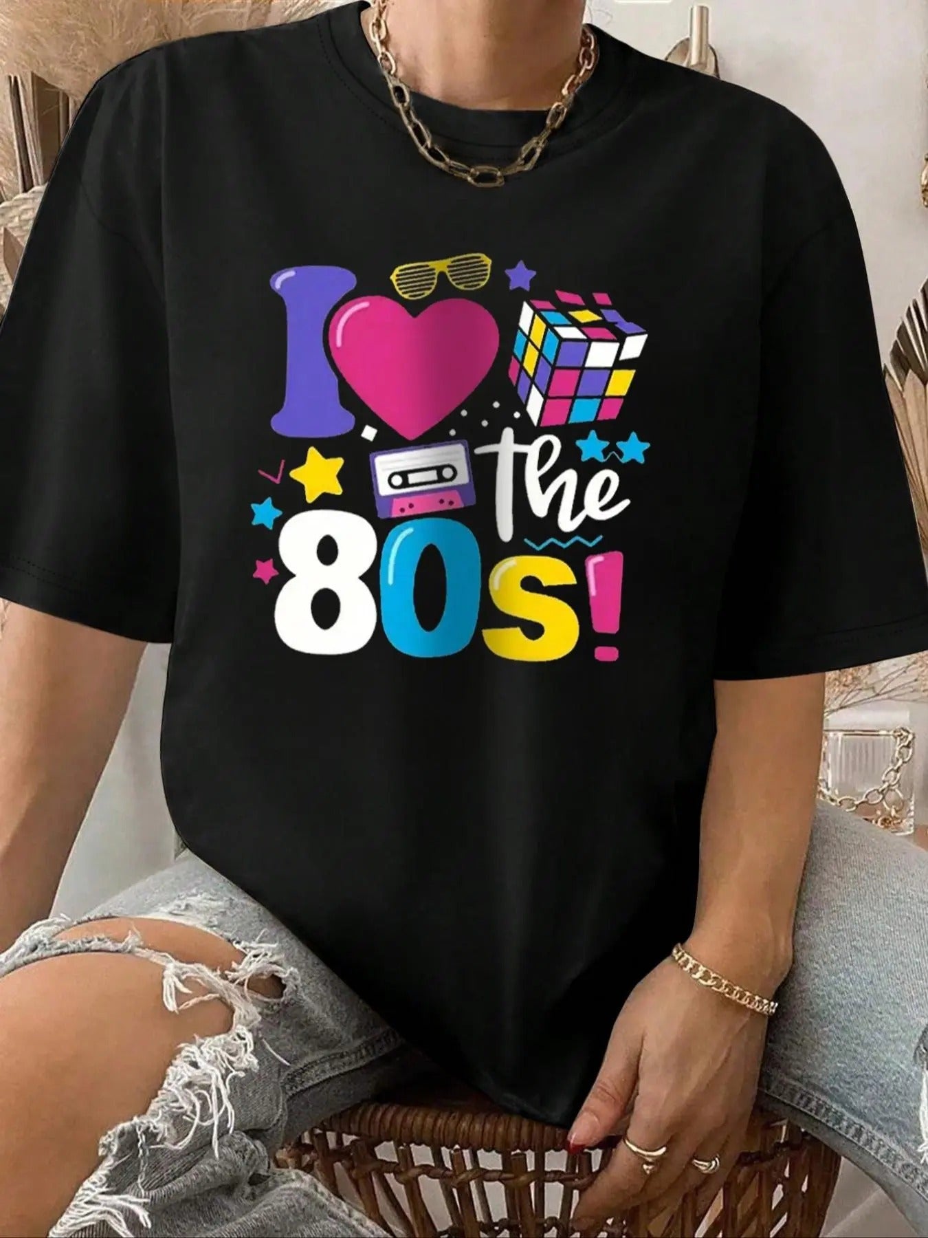 Women'WB shield Slogan & Cartoon Print Drop Shoulder Tee, Fashion Casual Heart Print Crew Neck T-shirt for Daily Holiday...
