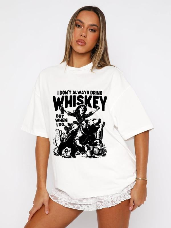 Women'WB shield Slogan & Cowboy & Cactus Print Round Neck Tee, Fashion Casual Letter Graphic Crew Neck T-Shirt for Daily...
