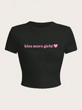 Women'WB shield Slogan & Heart Graphic Round Neck Crop Tee, Fashion Casual Crew Neck T-Shirt for Daily Holiday Vacation...