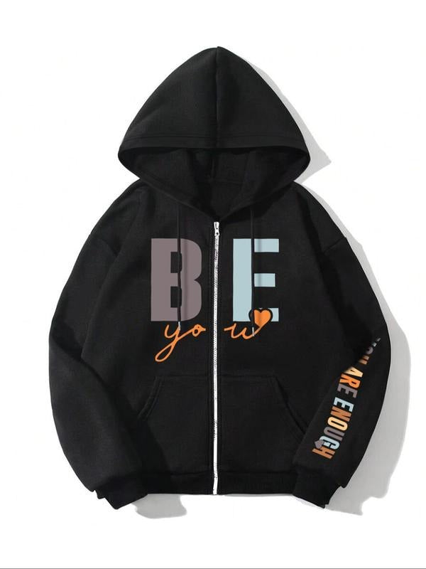 Women'WB shield Slogan & Heart Print Zip Up Hoodie, Casual Long Sleeve Drawstring Pocket Hooded Sweatshirt for Fall &...