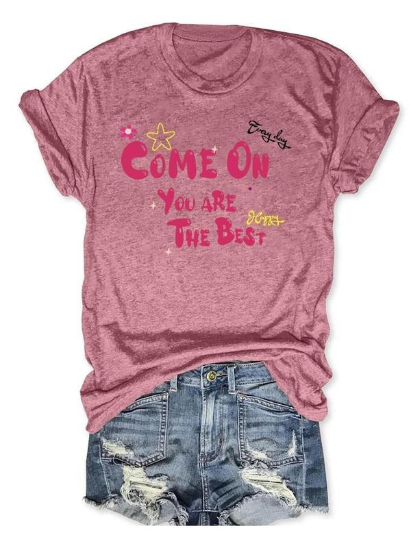 Women'WB shield Slogan & Letter Print Round Neck Tee, Fashion Casual Crew Neck Short Sleeve T-Shirt for Daily Outdoor...