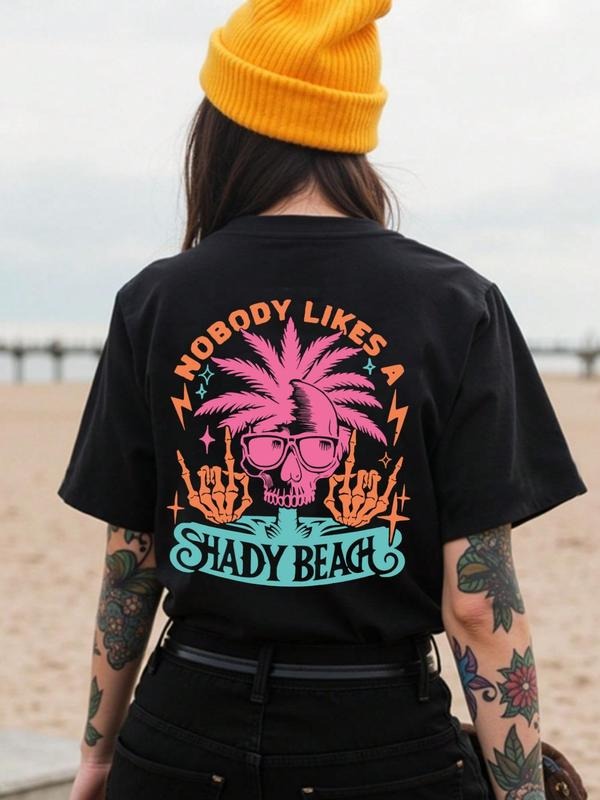 Women'WB shield Slogan & Palm Tree Print Round Neck Tee, Fashion Casual Crew Neck T-Shirt for Daily Holiday Vacation...