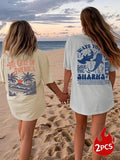 Women'WB shield Slogan & Tropical Print Round Neck Tee, Tropical Print Short Sleeve T-Shirt, Casual Summer TNF for Beach...