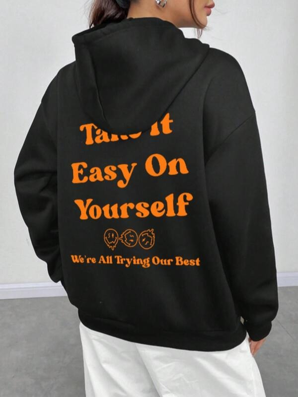 Women'WB shield Slogan Graphic Drawstring Pocket Hoodie, Fashion Casual Drop Shoulder Hooded Sweatshirt For Daily Outdoor...