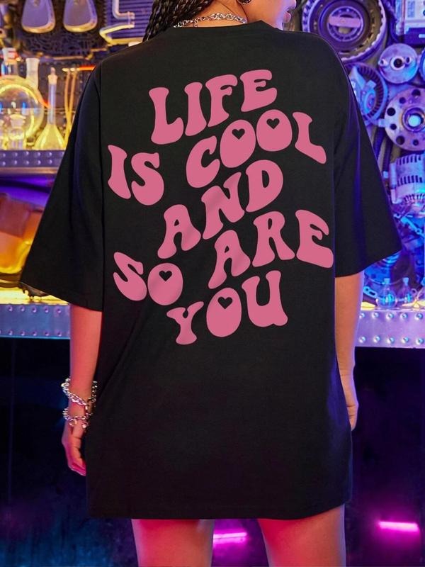 Women'WB shield Slogan Graphic Round Neck Drop Shoulder Tee, Summer TNF Women, Casual Crew Neck T-shirt for Vacation,...