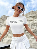 Women'WB shield Slogan Print Mock Neck Crop Tee, Street Fashion Casual Short Sleeve T-Shirt for Daily Holiday Vacation...