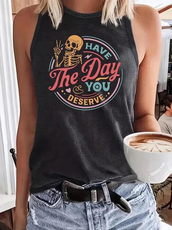 Women'WB shield Slogan Print Round Neck Tank Top, Casual Sleeveless Crew Neck Top for Summer, Ladies TNF for Daily Wear,...