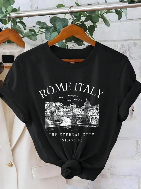 Women'WB shield Slogan Print Round Neck Tee, Fashion Casual Short Sleeve T-shirt, Ladies Summer TNF for Daily Wear...