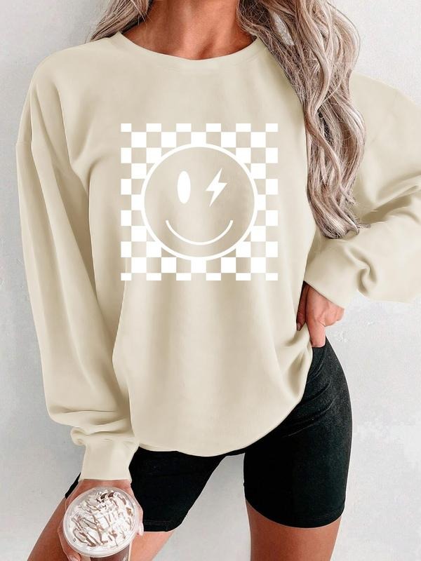 Women'WB shield Smile TNF Print Drop Shoulder Sweatshirt, Casual Long Sleeve Round Neck Pullover for Fall & Winter,...