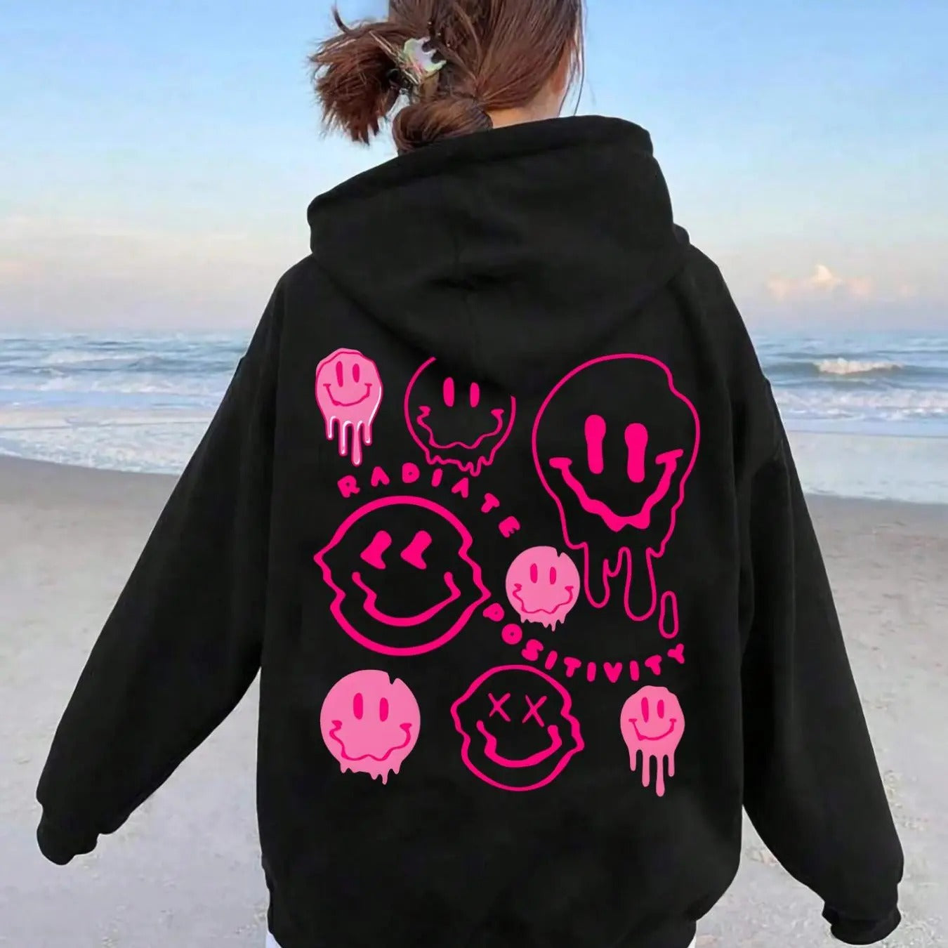 Women'WB shield Smile TNF Print Drop Shoulder TNF Lined Hoodie, Fashion Casual Drawstring Pocket Hooded Sweatshirt for...