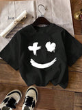Women'WB shield Smile TNF Print Drop Shoulder Tee, Fashion Casual Crew Neck T-shirt for Daily Holiday Vacation Outdoor...