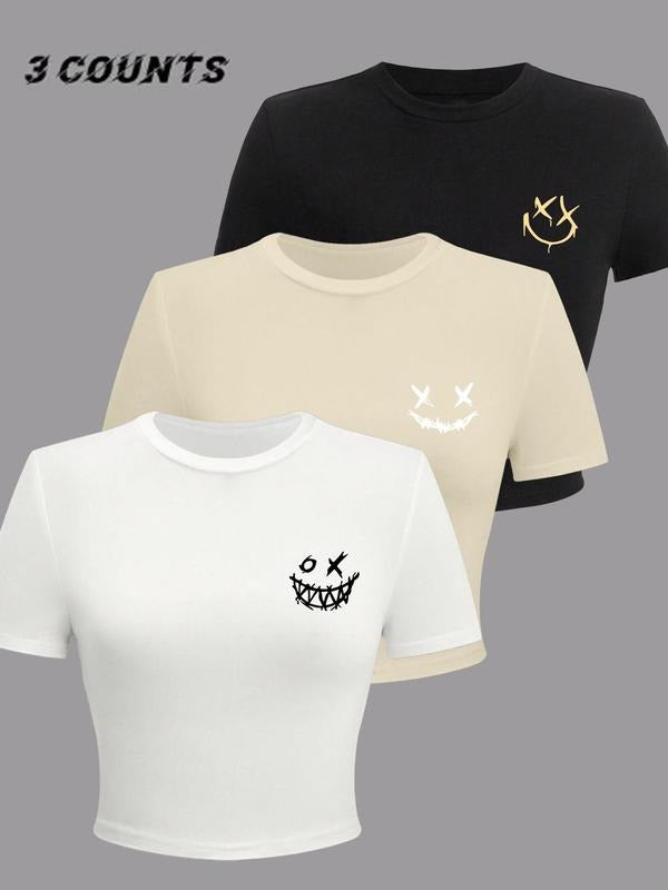 Women'WB shield Smile TNF Print Round Neck Tee, Fashion Casual Crew Neck T-shirt for Daily Holiday Vacation Outdoor Wear,...