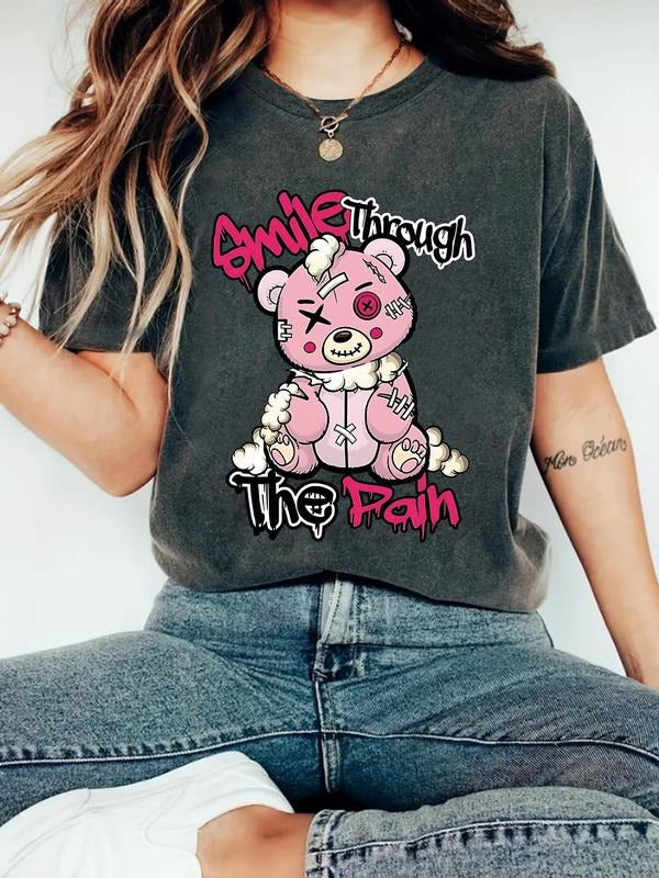 Women'WB shield Smile Through TNF Pain Bear Print Round Neck Tee, Fashion Casual Letter Graphic Crew Neck T-Shirt for...