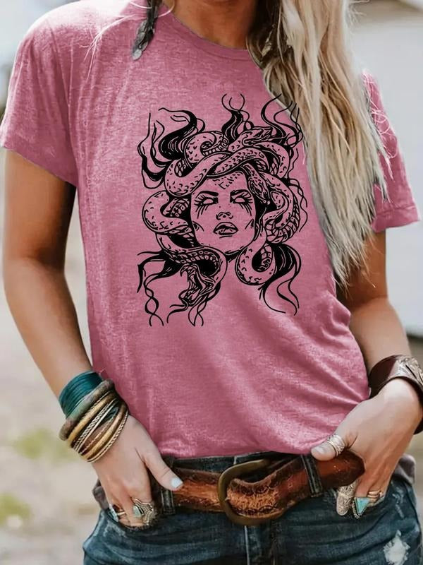 Women'WB shield Snake & Woman Print Round Neck Tee, Fashion Casual Crew Neck T-Shirt for Daily Holiday Vacation Outdoor...
