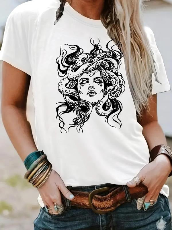 Women'WB shield Snake & Woman Print Round Neck Tee, Fashion Casual Short Sleeve T-shirt for Daily Wear, Ladies Summer...