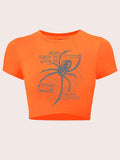 Women'WB shield Spider & Letter Print Crop Tee, Y2K Trendy Casual Round Neck Short Sleeve T-shirt for Daily Wear, Ladies...