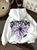 Women'WB shield Spider & Letter Print Drawstring Hoodie, Fashion Casual Hooded Sweatshirt for Daily Wear, Women Clothing...