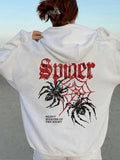 Women'WB shield Spider & Letter Print Drop Shoulder Hoodie, Fashion Casual Drawstring Pocket Hooded Sweatshirt for Daily...